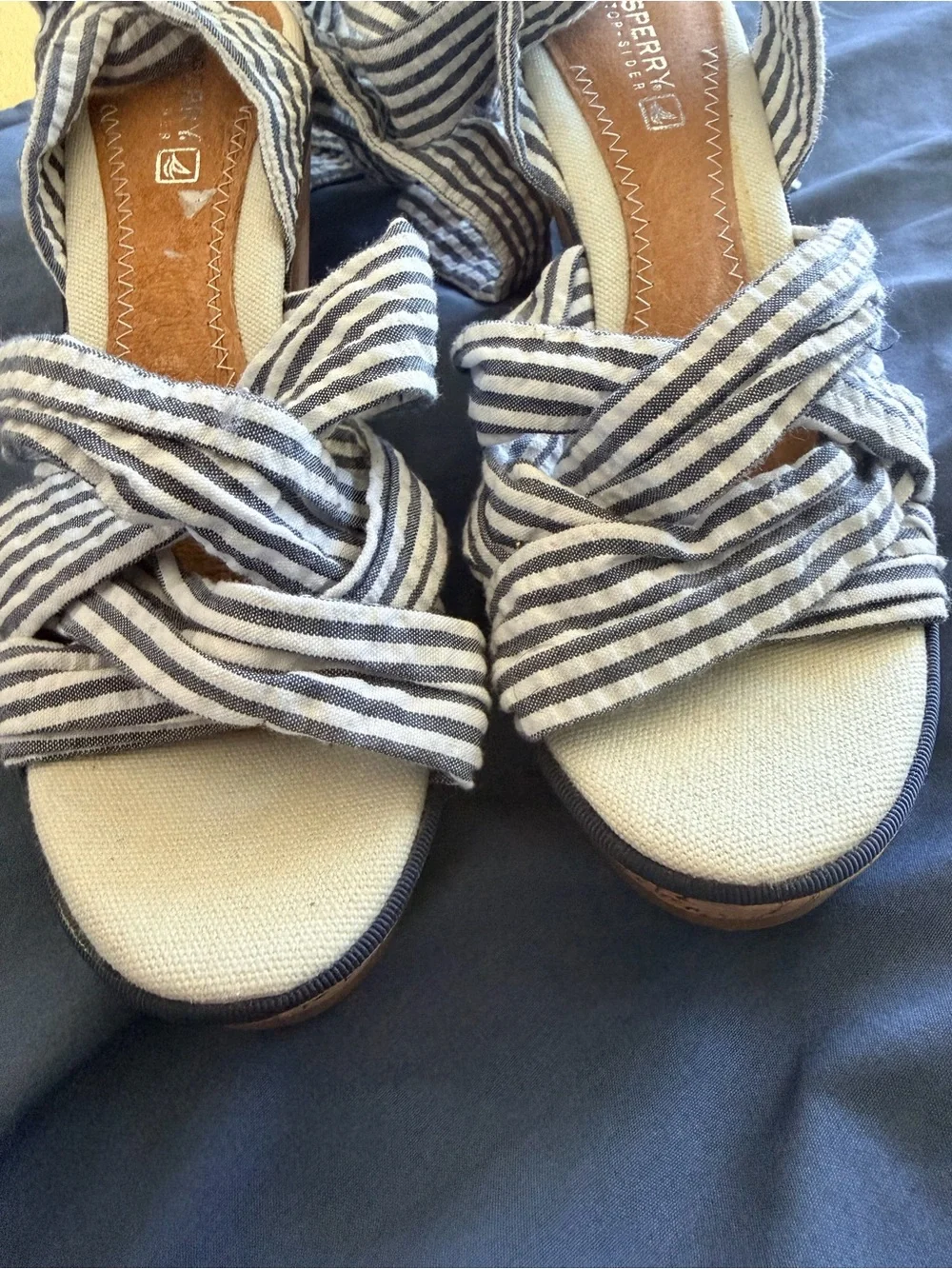 Sperry Striped Wrap Sandal Wedges - Blue/White